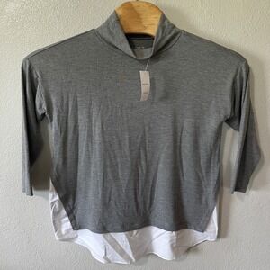 NEW LOFT Outlet Mock Neck Top 3/4 Sleeve Layered Hem Gray White Medium Petite MP